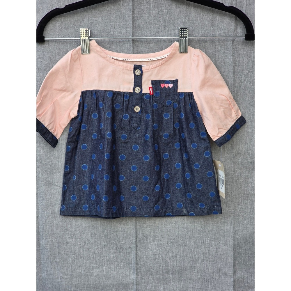 Levis Baby Girl Polka Dot Denim Henley Top Pink Blue 6-9M TY6184A